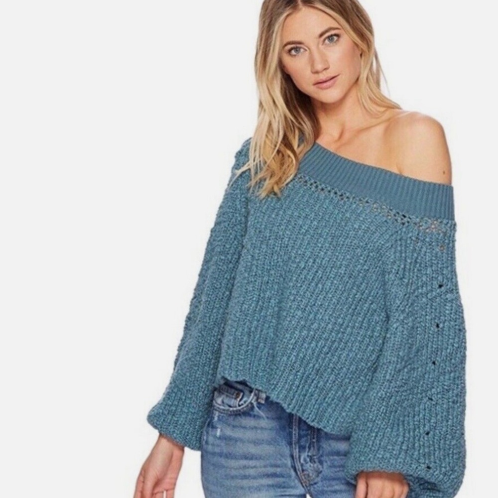 FREE PEOPLE Pandora's Boatneck Balloon Sleeve Teal Chunky Knit Cropped Sweater